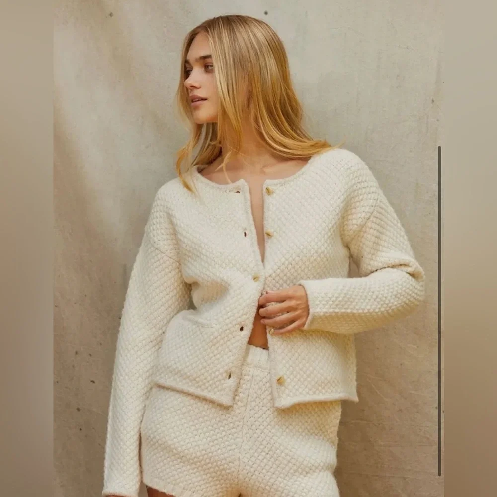 Crescent Cream Knit Cardigan Boucle Jacket in off-white button-front closure - Picture 2 of 9
